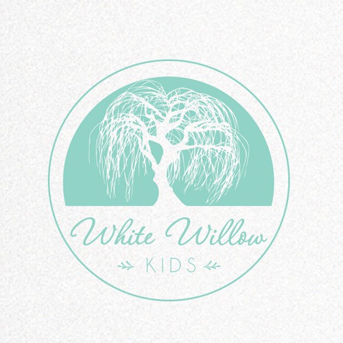 Round stamp logo with the title 'Create an inspiring and fun identity for White Willow Kids - making kids spaces sparkle!'