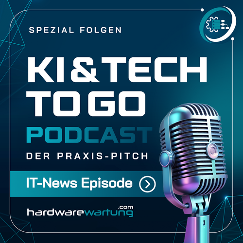 Design with the title 'KI und Tech to Go Podcast - Der Praxis-Pitch'