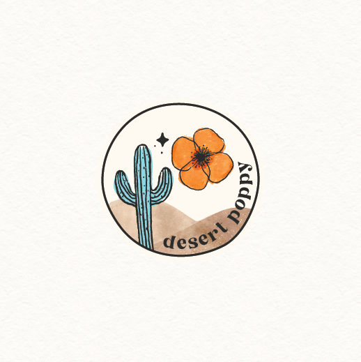Hand-drawn brand with the title 'desert poppy'