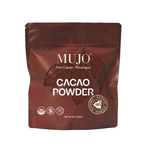 Powder packaging with the title 'MUJO - Fine Cacao Nicaragua'