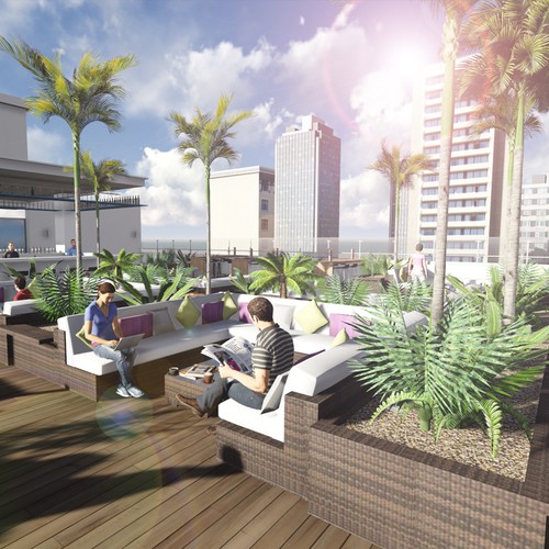 Rendering design with the title '3d realistic interior designs for a rooftop terrace restaurant/lounge'