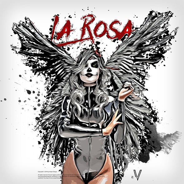 Angel illustration with the title 'La Rosa Character Sketch'