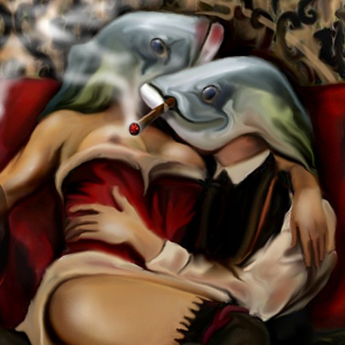 Sexy artwork with the title 'Dogs Who Smoke Cigars'