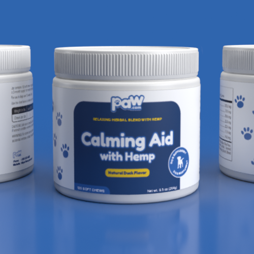 Mockup packaging with the title 'Packaging design for calming dog soft chews'