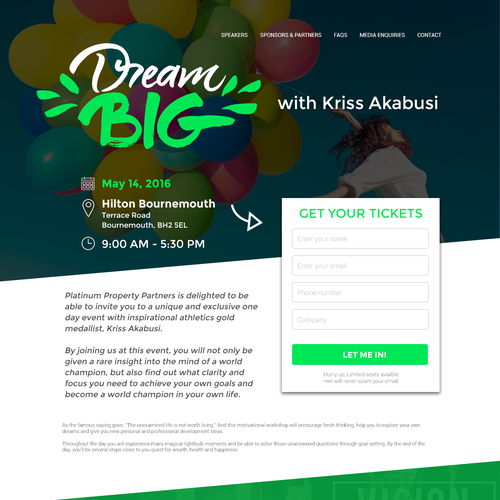 Conference design with the title 'Dream BIG - Landing Page Design'