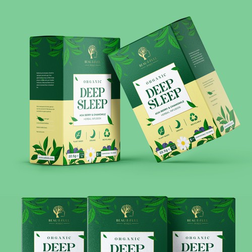 Tea packaging with the title 'Deep Sleep Tea Packaging - REBRAND'