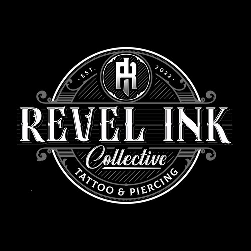 Art Nouveau logo with the title 'Revel Ink Collective Tattoo & Piercing'