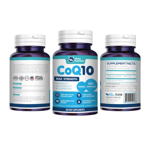 Vitamin label with the title 'Woke Nutrition Vitamin COQ10 Label'