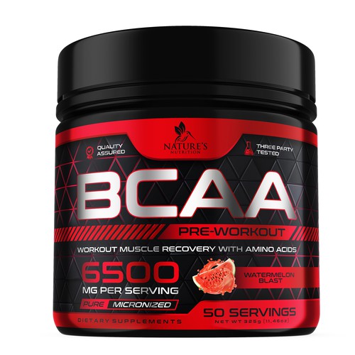 Protein label with the title 'BCAA Pre Workout Design'