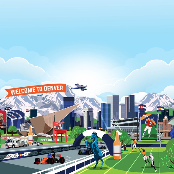 Denver design with the title ' Illustrate a "Where's Waldo-style" mural of Denver, CO with iconic city elements'