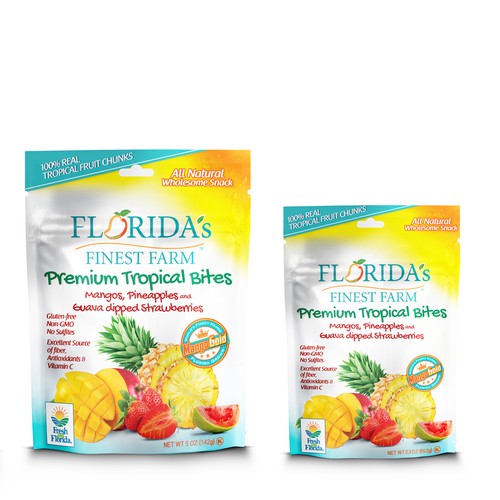 Tropical packaging with the title 'Tropical Bites'