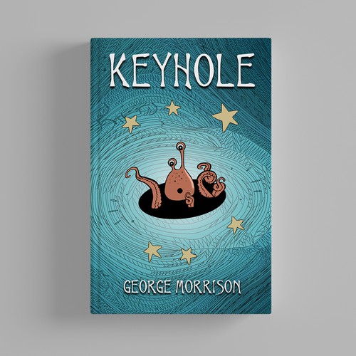 Humorous book cover with the title 'Book cover for the  humorous sci-fi novel "Keyhole"'