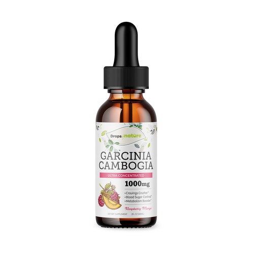 Dropper bottle label with the title 'Garcinia Cambogia'