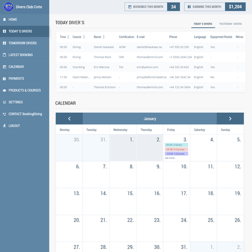 Dashboard website with the title 'Backend design for a scuba diving center'