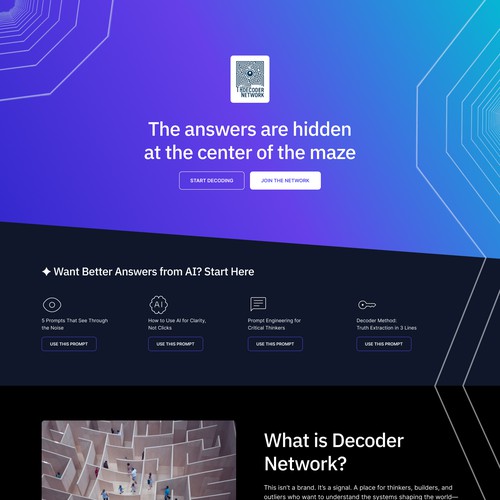 Internet website with the title 'The Decoder Network: The Education platform for AI'