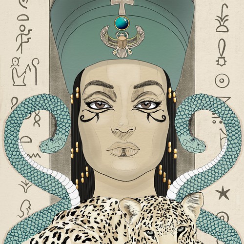 Outline illustration with the title 'Cleopatra VII portrait & leopard and snakes '