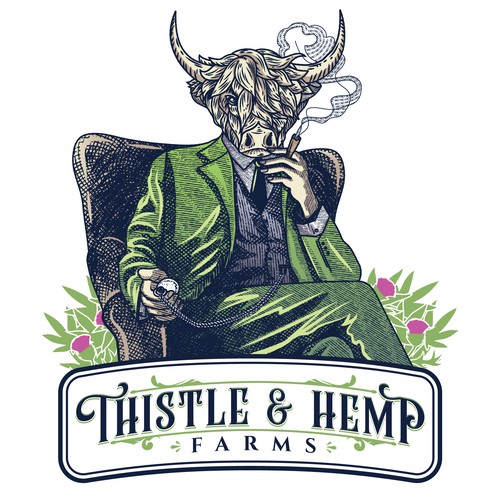 Packaging illustration with the title 'Character for the Thistle and Hemp Farms packaging'
