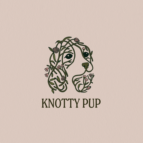Botanical logo with the title 'Knotty Pup — Boutique Grooming Logo'