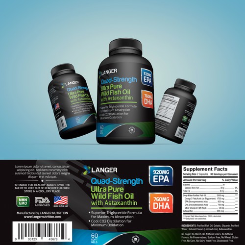 Black label with the title 'Quad Strength Fish Oil Supplement '