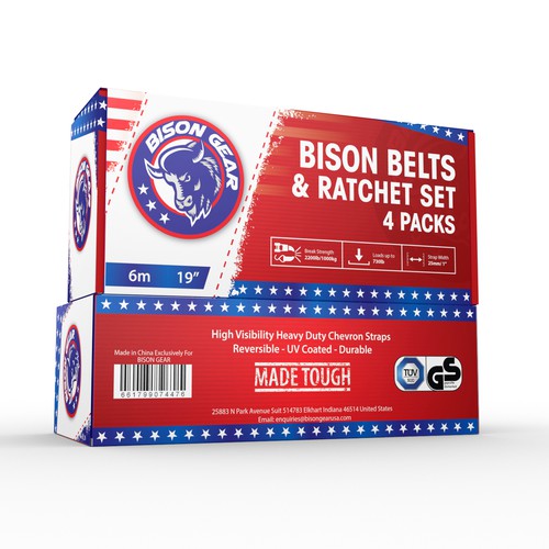 Car packaging with the title 'Bison Gear Ratchet Straps'