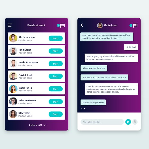 Material design with the title 'Events chat app'