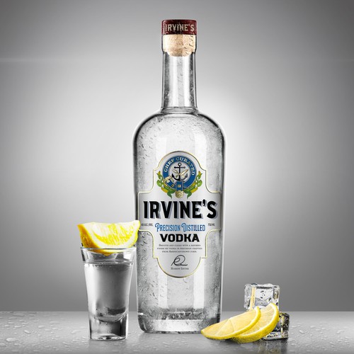 Illustrated design with the title 'Irvine's Vodka'