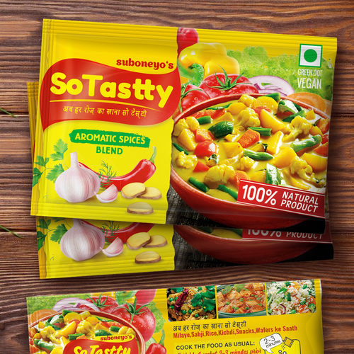 Retail packaging with the title 'Aromatic spices blend, packaging design'