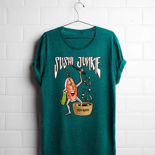 Fish t-shirt with the title 'SUSHI JUNKIE - WINNING T-Shirt print design'