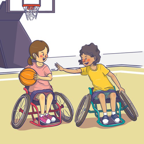 Warm illustration with the title 'Illustration of disable children doing sports'