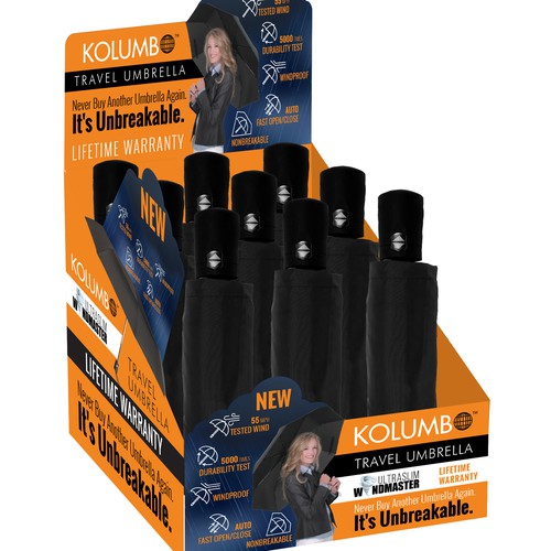 Retail packaging with the title 'Create the High Sales Impact Checkout Counter Display for The Best Seller, Kolumbo Umbrella'