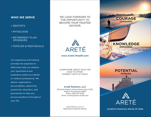 Tri-fold design with the title 'ARETE Trifold Brochure'