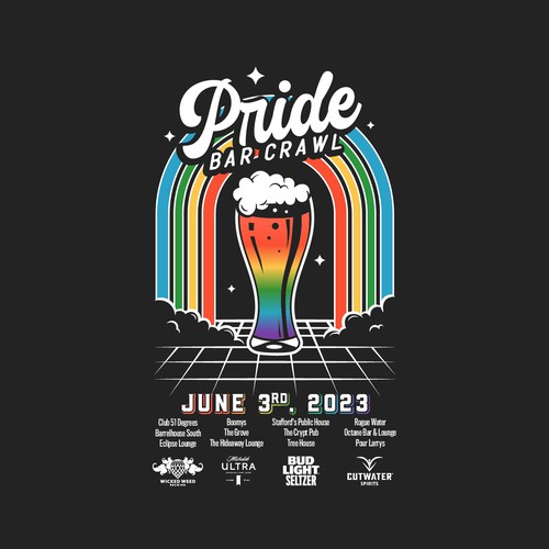 Event t-shirt with the title 'LGBTQ+ Pride Bar Crawl T-shirt Proposal'