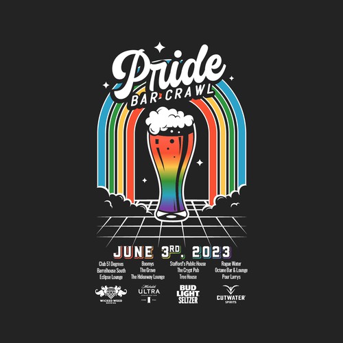 Event t-shirt with the title 'LGBTQ+ Pride Bar Crawl T-shirt Proposal'