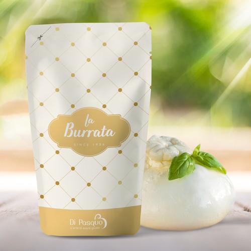 Food packaging with the title 'Packaging Design for Famous Fresh Italian Cheese Brand  'La Buratta' ~ Since 1956.'