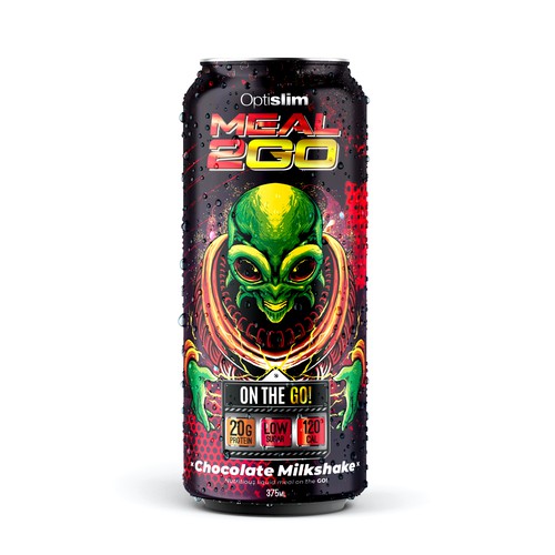 Energy drink packaging with the title 'Meal 2 Go - Packaging Concept.'