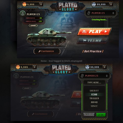Tank design with the title 'Redesign UI Design for Plated Glory Game'