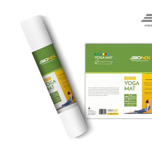 Green label with the title 'Yoga Mat by Bionix'