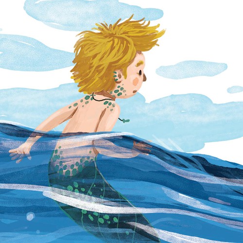 Picture book artwork with the title 'Mermaid Boy'