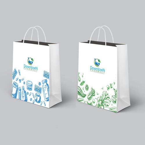 Paper bag packaging with the title 'Shopping bag for Downtown Pharmacy'