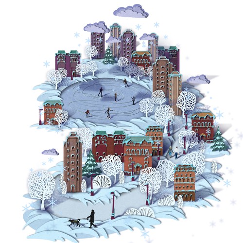 City artwork with the title 'cut paper  illustration'