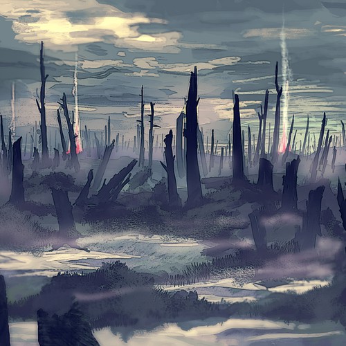 Landscape artwork with the title 'WWI Fantasy Illustration'