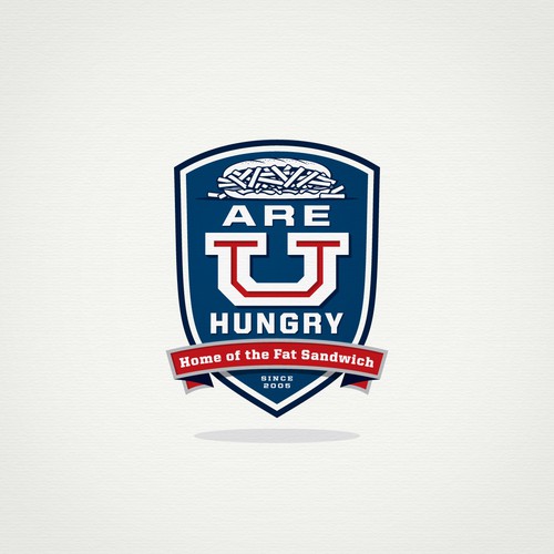 Ribbon design with the title 'Logo for fun, college oriented, late night food, Home of the Fat Sandwich!'