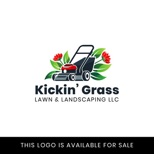 Garden design with the title 'Modern Lawn Care & Landscaping Logo with Lawn Mower and Floral Elements (This Design Is Available For Sale)'