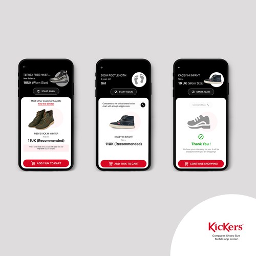 Product page design with the title 'Kickers shose compare mobile screen'