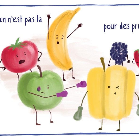 Funny illustration with the title 'Watercolor anthropomorphic fruits'