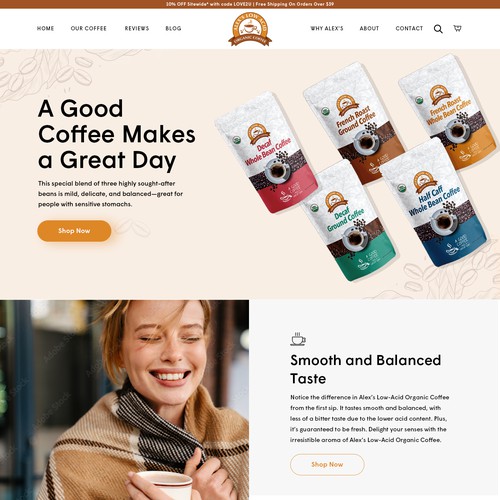 Shopify design with the title 'Low Acid Coffee Website'
