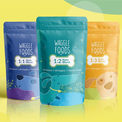 Cartoon packaging with the title 'Waggle Foods '