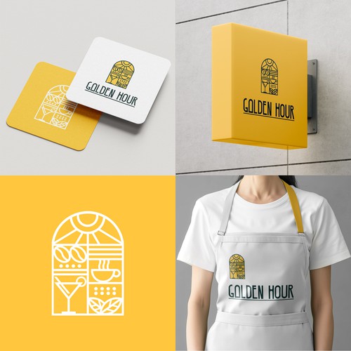 Apron design with the title 'Golden Hour Café and Bar - Art Deco Logo and Brand Identity'