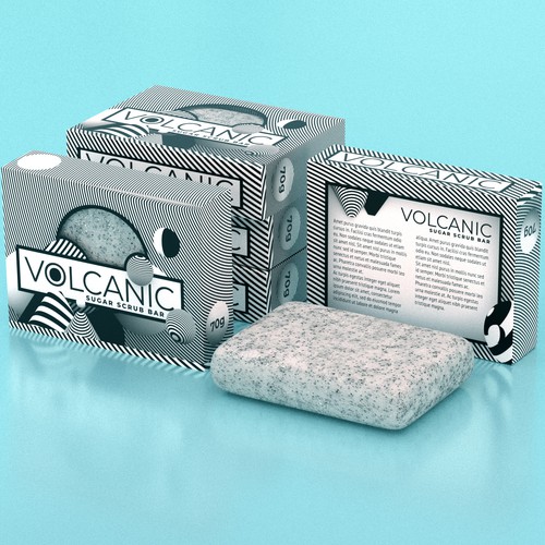 Black and white packaging with the title 'Volcanic Ash Scrub Bar Packaging'