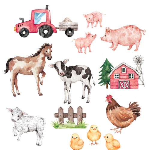 Watercolor artwork with the title 'farm'